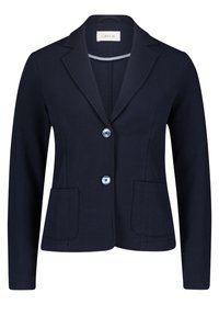 Námornícký blazer vyrobený z texturované látky, s klopovým límcem, dvěma předními kapsami a dvěma modrými knoflíky vpředu.