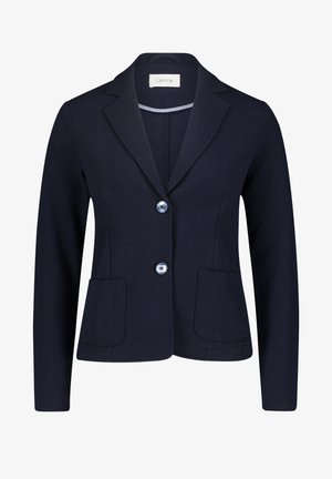 Námornícký blazer vyrobený z texturované látky, s klopovým límcem, dvěma předními kapsami a dvěma modrými knoflíky vpředu.