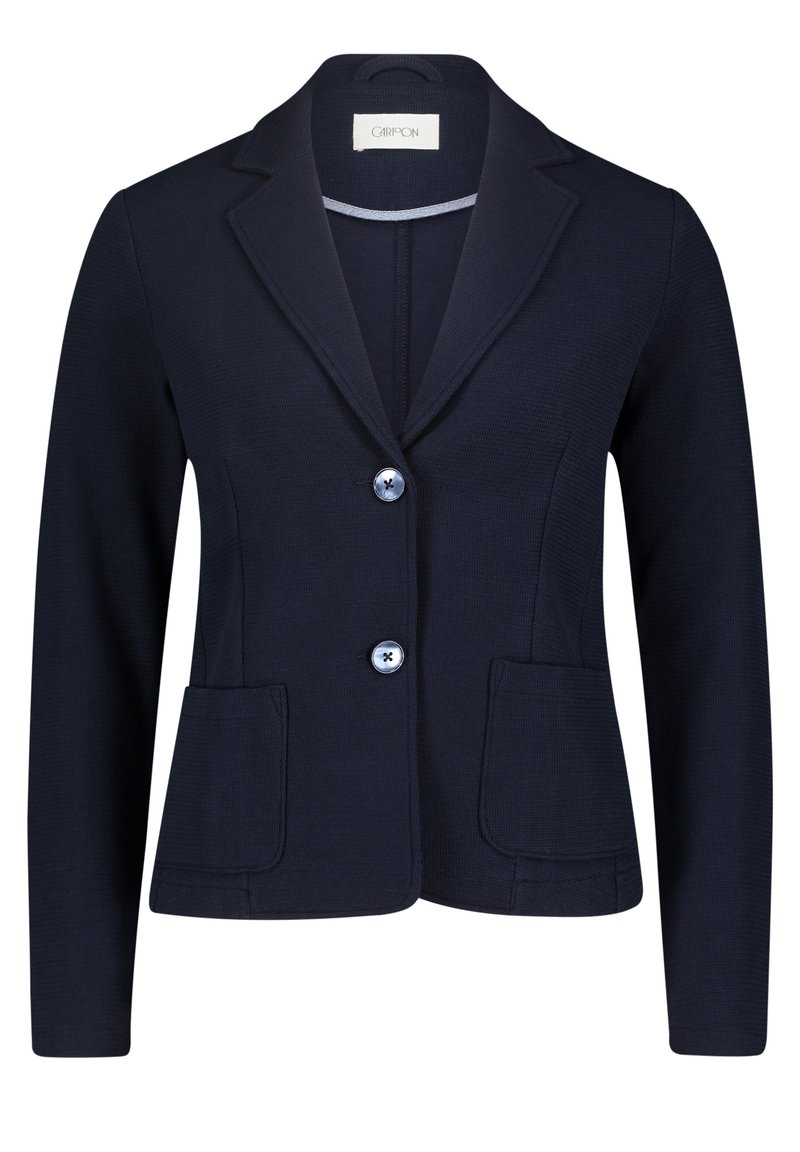 Námornícký blazer vyrobený z texturované látky, s klopovým límcem, dvěma předními kapsami a dvěma modrými knoflíky vpředu.