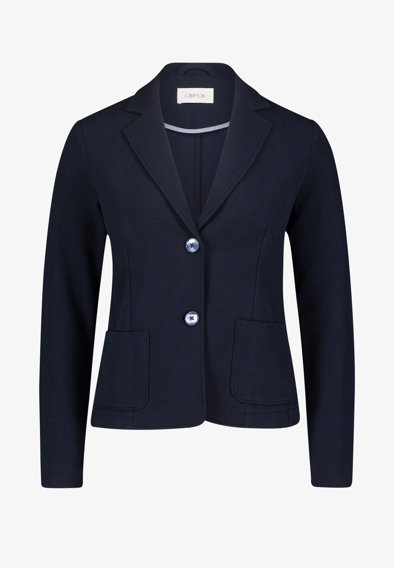 Námornícký blazer vyrobený z texturované látky, s klopovým límcem, dvěma předními kapsami a dvěma modrými knoflíky vpředu.