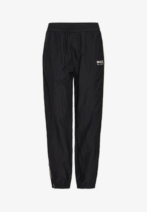 Mustad musta värvi spordipüksid, mis on valmistatud kerge kangaga, elastse vöökoha, külgtrükiste ja logoga vasakul reiel.