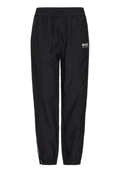 Schwarze Trainingshose aus leichtem Material, mit elastischem Bund, seitlichen Streifen und einem Logo auf dem oberen linken Oberschenkel.