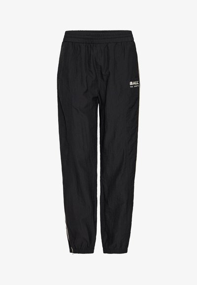 Schwarze Trainingshose aus leichtem Material, mit elastischem Bund, seitlichen Streifen und einem Logo auf dem oberen linken Oberschenkel.