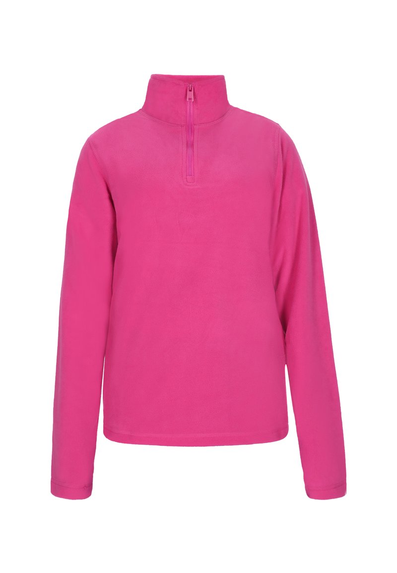 Pullover in pile di colore rosa acceso, con colletto a mezza zip, maniche lunghe e superficie morbida e non testurizzata. Design semplice, senza motivi o dettagli.