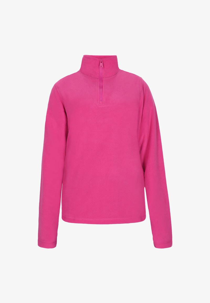 Fleece-Pullover in leuchtendem Pink mit halbem Reißverschluss, langen Ärmeln und weicher, untexturierter Oberfläche. Einfaches Design, ohne Muster oder Akzente.