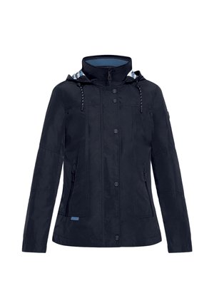 Granatowa wodoodporna kurtka z kapturem, zapinana z przodu na zamek i guziki, z dwoma bocznymi kieszeniami i kratkowaną podszewką wewnętrzną. Gładka, lekka tkanina.