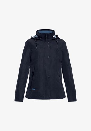 Veste imperméable bleu marine avec capuche, fermeture zippée et à boutons à l'avant, deux poches latérales, et doublure intérieure à carreaux. Tissu lisse et léger.