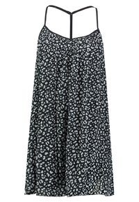 Schwarzes ärmelloses Kleid mit weißem Leopardenmuster, strukturierter Stoff, lockerer Schnitt und Doppelschulterdesign auf der Rückseite.
