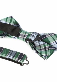 Zielono-niebieski krawat w kratę z czarnymi akcentami. Wykonany z tkaniny; charakteryzuje się gładką teksturą i regulowanym paskiem z zapięciem na haczyk.