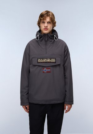 Gray waterproof jacket with a high collar, hood, and elastic drawstrings. Features a front pocket and a Norwegian flag patch.