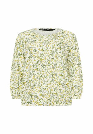 Weiße Langarmbluse mit grünem und gelbem Blumenmuster, rundem Ausschnitt, Knopfleiste vorne und elastischen Bündchen.