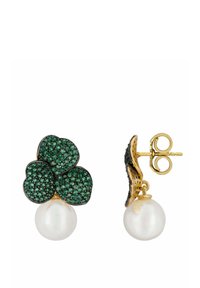 Green stone-encrusted clover-shaped earrings featuring a white pearl drop, set in gold-tone metal with intricate detailing.
