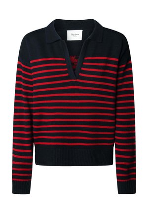 Zwart en rood gestreepte pullover met een V-hals en kraag. Gebreide textuur, geribde manchetten en zoom, met horizontale strepen van verschillende breedtes.