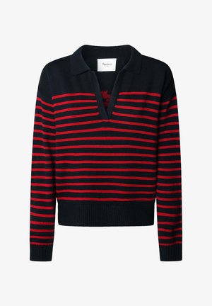Black and red striped pullover with a V-neck and collar. Knitted texture, ribbed cuffs and hem, features horizontal stripes of varying widths.
