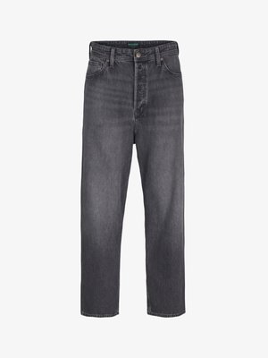 Sötétszürke farmernadrág egyenes láb kialakítással, magas derékkal, öt zsebes stílussal és enyhe kopással. Fém gomb és cipzáras zárás.