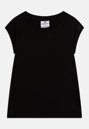 Czarny t-shirt z krótkim rękawem wykonany z bawełny. Ma okrągły dekolt, zaokrąglony dół oraz małe logo na lewym ramieniu. Prosty, klasyczny design.