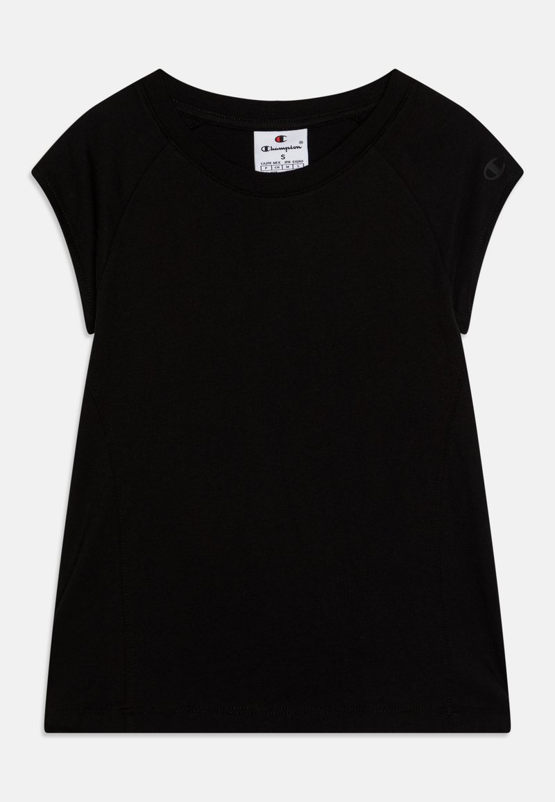 Czarny t-shirt z krótkim rękawem wykonany z bawełny. Ma okrągły dekolt, zaokrąglony dół oraz małe logo na lewym ramieniu. Prosty, klasyczny design.