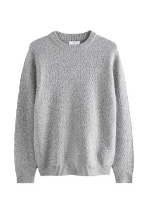 Maglione grigio lavorato a maglia con motivo a rilievo, scollo rotondo e maniche lunghe. Realizzato in materiale morbido con polsini e orlo a coste.