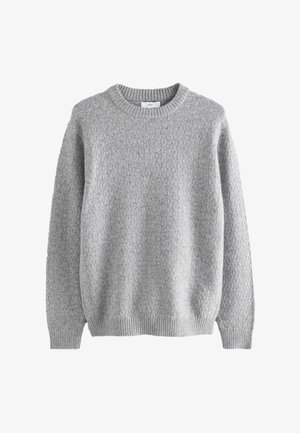 Suéter gris de punto con un patrón texturizado, cuello redondo y mangas largas. Hecho de un material suave con puños y dobladillo acanalados.