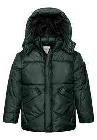 Giacca puffer verde scuro con cappuccio, dotata di zip frontale, tasche laterali e tasca con zip sulla manica, texture trapuntata e rivestimento nero.