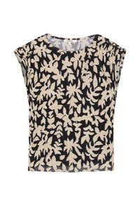 Camiseta de manga corta con un patrón floral en negro y crema, textura acanalada y escote redondo. Tela suave con un diseño de ajuste relajado.