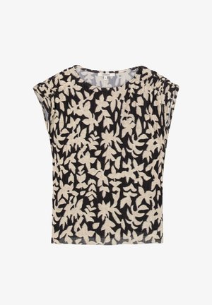 Top à manches courtes avec un motif floral noir et crème, texture côtelée et col rond. Tissu doux avec une coupe décontractée.