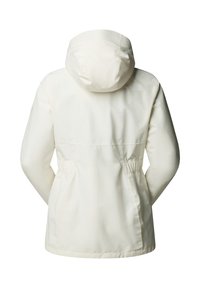 Giacca bianca impermeabile con cappuccio, vita regolabile e texture liscia. Presenta un logo sulla parte superiore della schiena e polsini elasticizzati.
