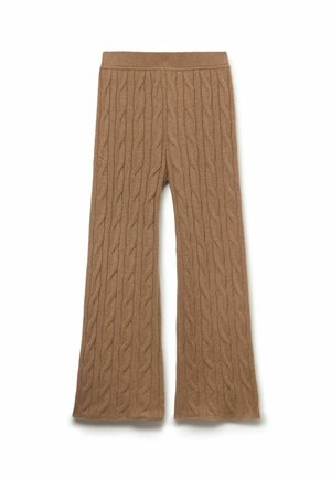 Brown cable-knit wide-leg pants with a ribbed texture. Features a high waistband and flowing silhouette, suitable for casual wear.