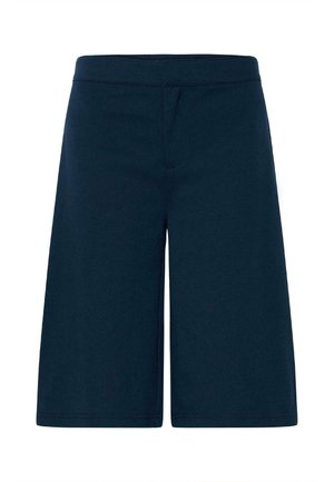 Marineblauwe knielange shorts met elastische tailleband, een glad voorpand en zonder zichtbare zakken of versieringen.