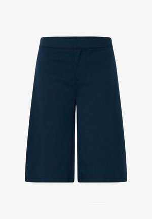 Marineblå knelang shorts med elastisk midjebånd, ren front, uten synlige lommer eller pynt.