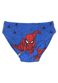 Shorts da bagno blu con una grande grafica di Spider-Man rossa, caratterizzati da un motivo a ragnatela e dettagli neri di ragni sparsi nel tessuto.