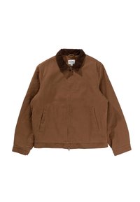 Ruskea puuvillatakki, jossa on samettinen kaulus, sivutaskut ja edessä vetoketju. Yksinkertainen, siisti muotoilu ja rento istuvuus.