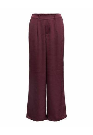 Weite Satin-Hosen in dunklem Burgunderrot mit Gürtelschlaufen und vorderen Falten, versehen mit einem elastischen Bund für zusätzlichen Komfort.