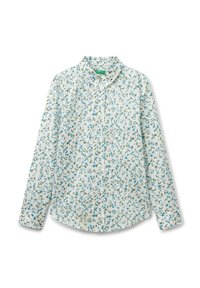 Camicia bianca a maniche lunghe con un motivo floreale verde e blu. Presenta un colletto a bottoni e un orlo arrotondato, realizzata in un tessuto leggero.