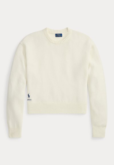 Maglione a maniche lunghe color crema con polsini e orlo a coste, con un piccolo logo Polo Ralph Lauren blu scuro vicino alla parte inferiore sinistra.