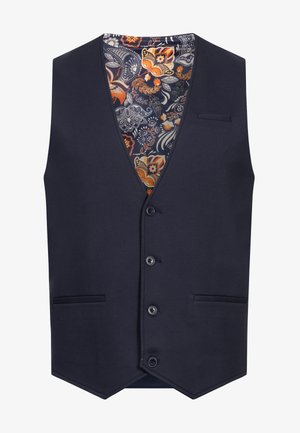 Marineblauer Weste mit tiefem V-Ausschnitt, fünfknöpfiger Front und zwei Seitentaschen. Gefüttert mit einem gemusterten Stoff, der orangefarbene und florale Designs aufweist.