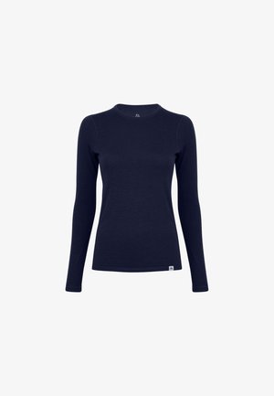Langarmig donkerblauw shirt gemaakt van een soepel, rekbaar materiaal. Voorzien van een ronde hals en een klein logotagje aan de onderkant van de linkerzoom.
