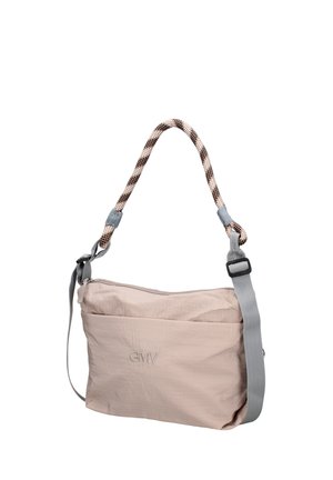 Sac bandoulière beige clair avec poche extérieure, logo GMV, sangle grise réglable et poignée tressée motif marron et blanc.