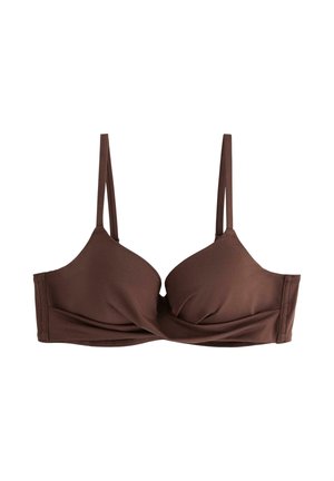 Brun snoet front-bh med tynde justerbare skulderstropper og sømløse formede skåle mod en hvid baggrund.