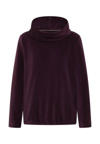 Plüschiges, dunkelviolettes Langarmoberteil mit einem breiten, gefalteten Cowl-Neck und einer glatten Textur. Leicht lockere Passform, keine sichtbaren Muster oder Akzente.