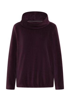 Top de manga larga de terciopelo color púrpura oscuro con un amplio cuello de cowl doblado y una textura suave. Corte ligeramente holgado, sin patrones ni acentos visibles.