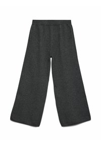Pantalon large gris foncé en tissu doux, avec une ceinture côtelée et une texture lisse sans motifs ni accents visibles.