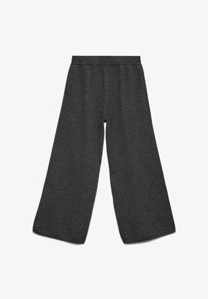 Tumši pelēkas plataja stila bikses no mīksta auduma ar ribotu jostasvietu un gludu tekstūru bez redzamām rakstām vai akcentiem.