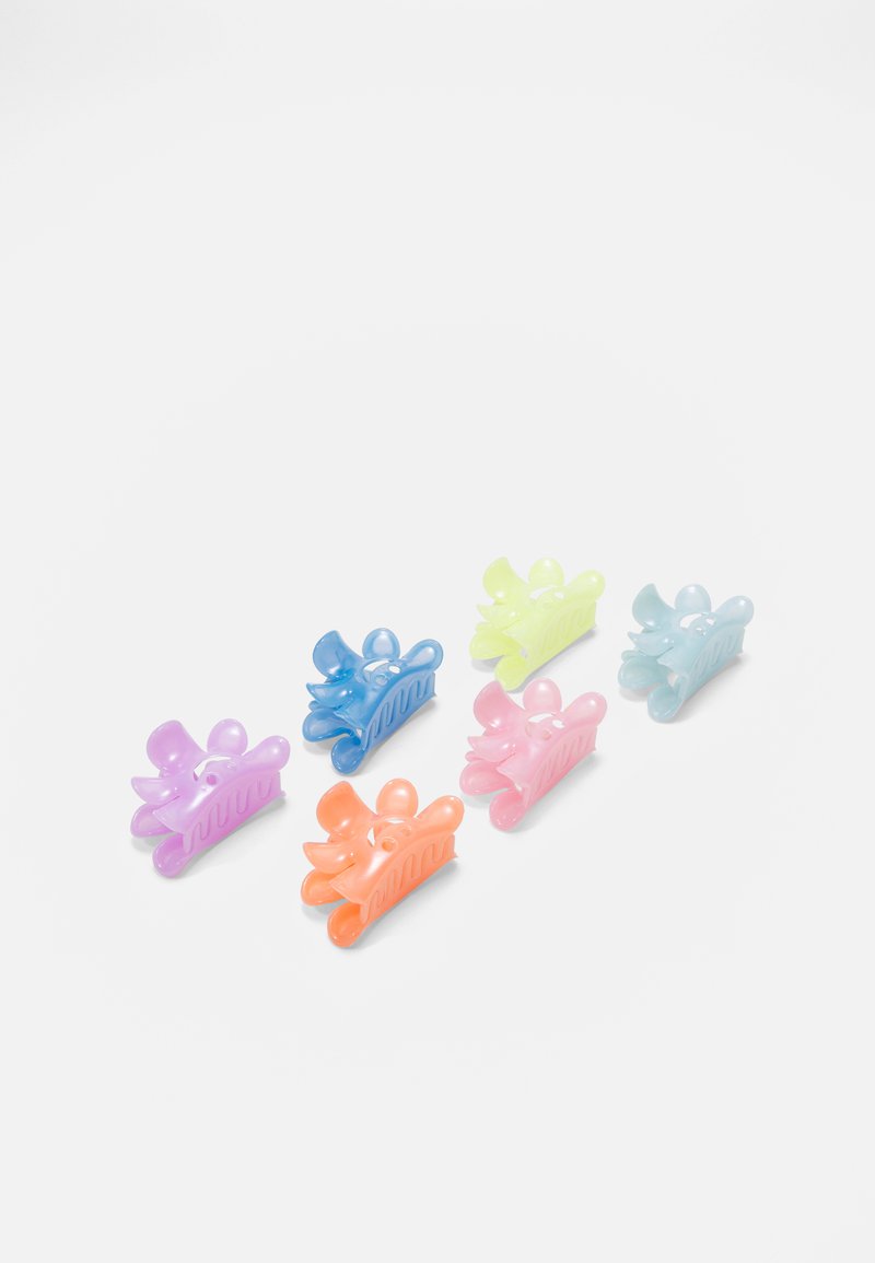 Six hair clips in pastel colors: purple, blue, pink, orange, green, and transparent. They feature a wavy design and rounded accents.