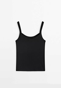 Camisole noire en tissu lisse, avec des bretelles fines et ajustables, un décolleté arrondi et un ourlet droit. Sans motifs ni accents.