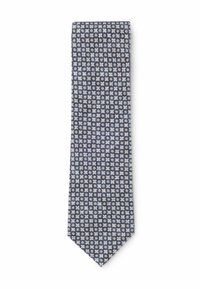 Donkerblauwe stropdas met een herhalend klein geometrisch patroon met lichtblauwe en beige vormen.