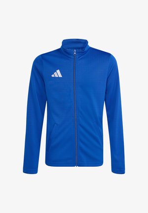 Blauer Sportjacke mit durchgehendem Reißverschluss, Stehkragen, zwei vorderen Taschen und weißem Adidas-Logo auf der linken Brust.