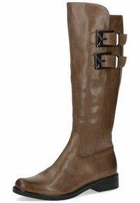 Bota de cuero marrón de caña alta con una textura suave, punta redondeada y dos correas de hebilla negra en el lado exterior. Tacón bajo tipo bloque.