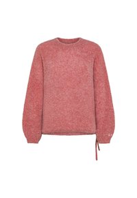 Maglione in pile rosso con scollo rotondo, maniche lunghe e dettaglio con coulisse sull'orlo. Texture morbida con vestibilità leggermente ampia.