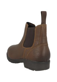 Braune Leder-Stiefelette mit elastischen Seiteneinsätzen, einem genähten Design und einer Zuglasche an der Rückseite. Niedriger Gummisohle für Langlebigkeit.